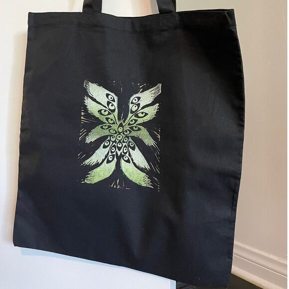 Handmade Seraphim Angel Linoprint Tote Bag - Black and White/Lime Green - Picture 1 of 6